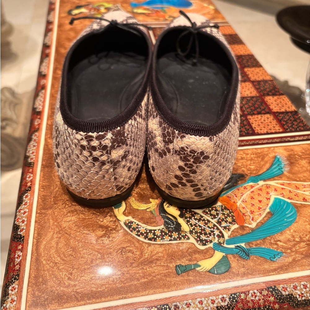 Saint Laurent Brown & Beige Snake-Print Leather Ballet Flats - Picture 3 of 6